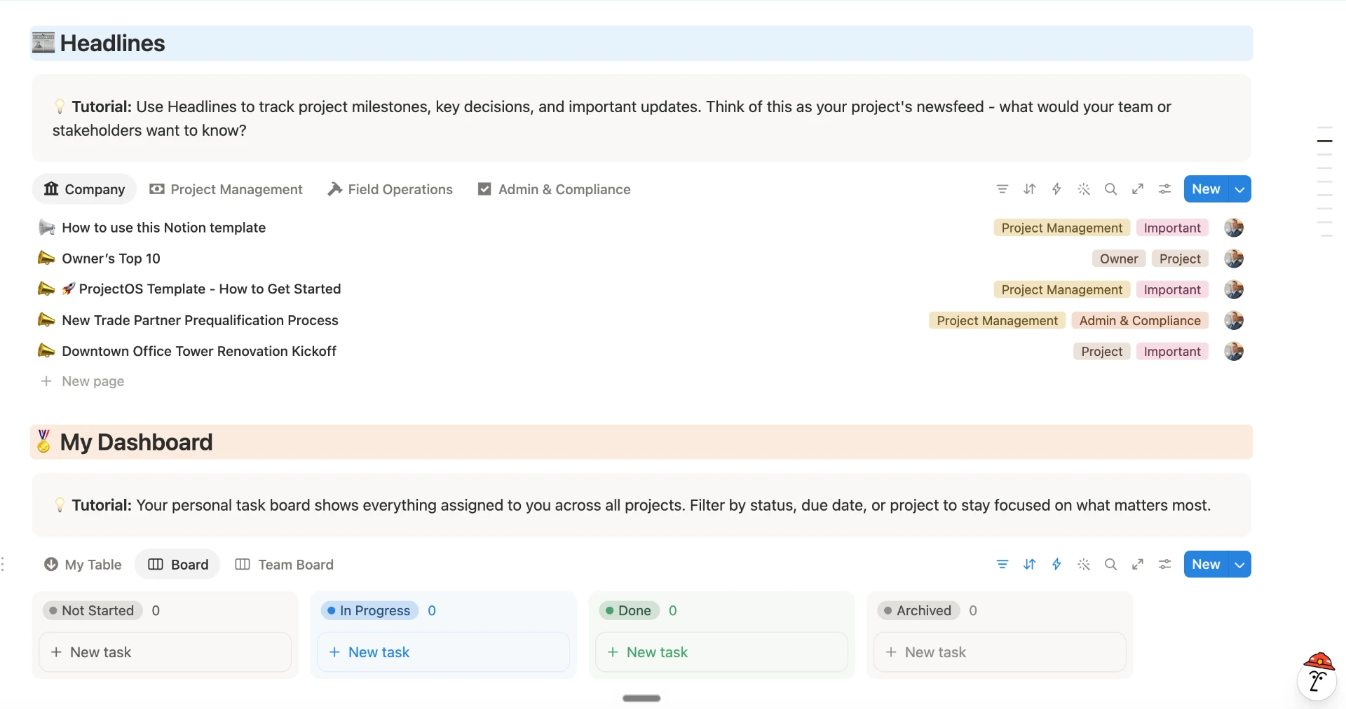 ProjectOS: Team headlines and dashboard