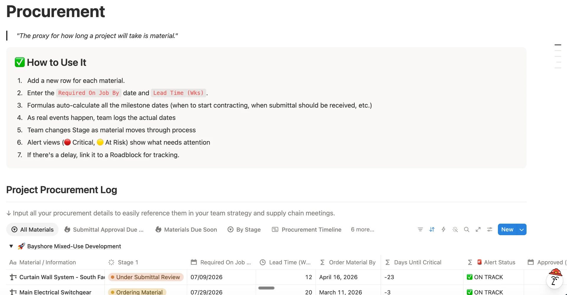ProjectOS: Procurement lead times